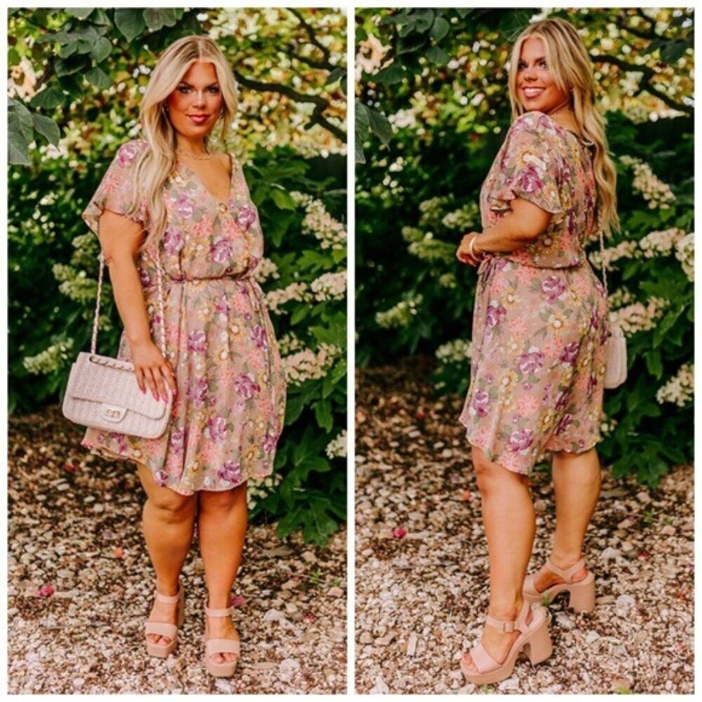 Impressions Sweet Like Honey Taupe Floral Mini Dress 2X NWT Curve Fit